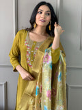 Yellow Viscose Chanderi Kurti Set with Jacquard Butti Dupatta
