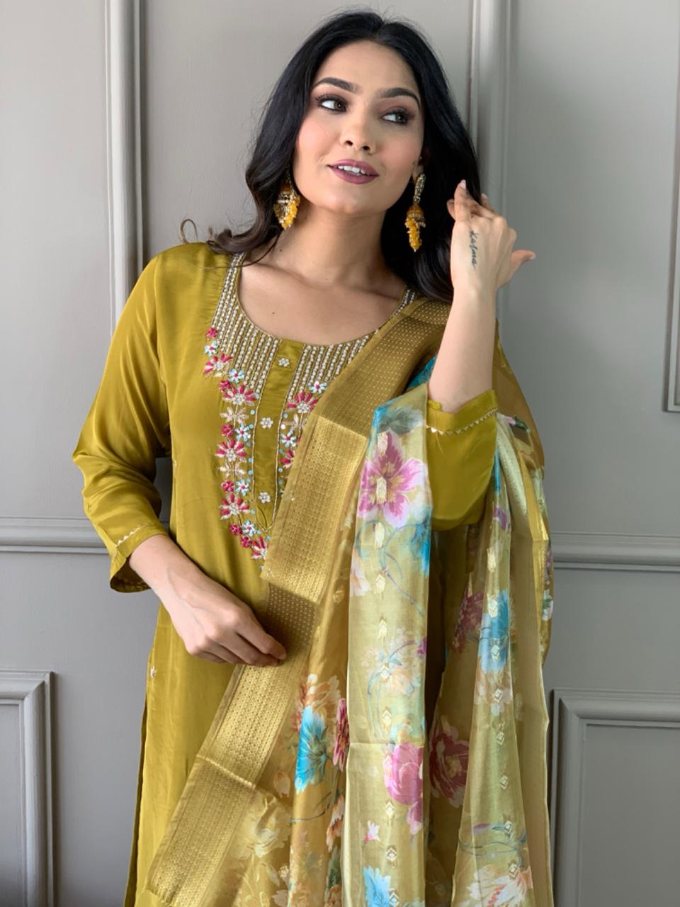 Yellow Viscose Chanderi Kurti Set with Jacquard Butti Dupatta
