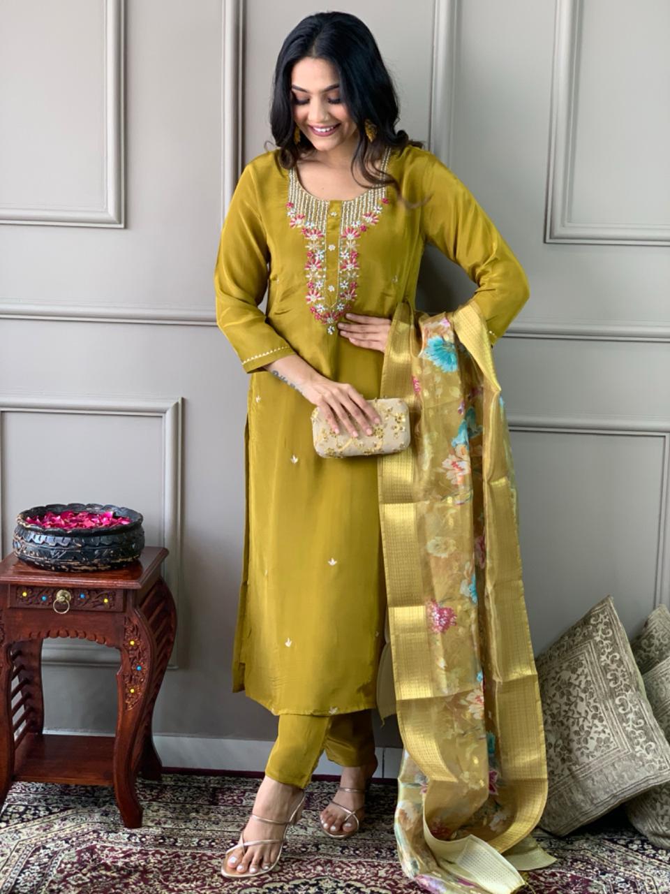 Yellow Viscose Chanderi Kurti Set with Jacquard Butti Dupatta