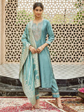 Teal Blue Viscose Chanderi Kurti Set with Jacquard Dupatta