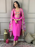 Rani Pink Viscose Chanderi Kurti Set with Tebby Dupatta