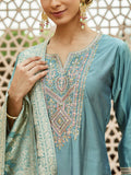 Teal Blue Viscose Chanderi Kurti Set with Jacquard Dupatta