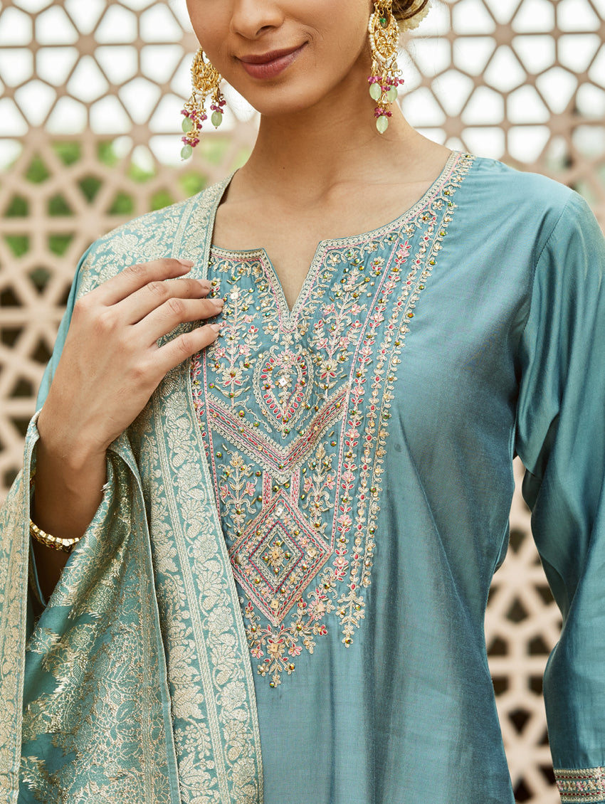 Teal Blue Viscose Chanderi Kurti Set with Jacquard Dupatta
