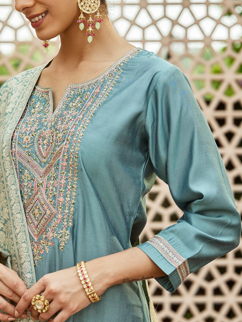 Teal Blue Viscose Chanderi Kurti Set with Jacquard Dupatta