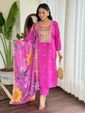Rani Pink Viscose Chanderi Kurti Set with Tebby Dupatta