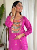 Rani Pink Viscose Chanderi Kurti Set with Tebby Dupatta