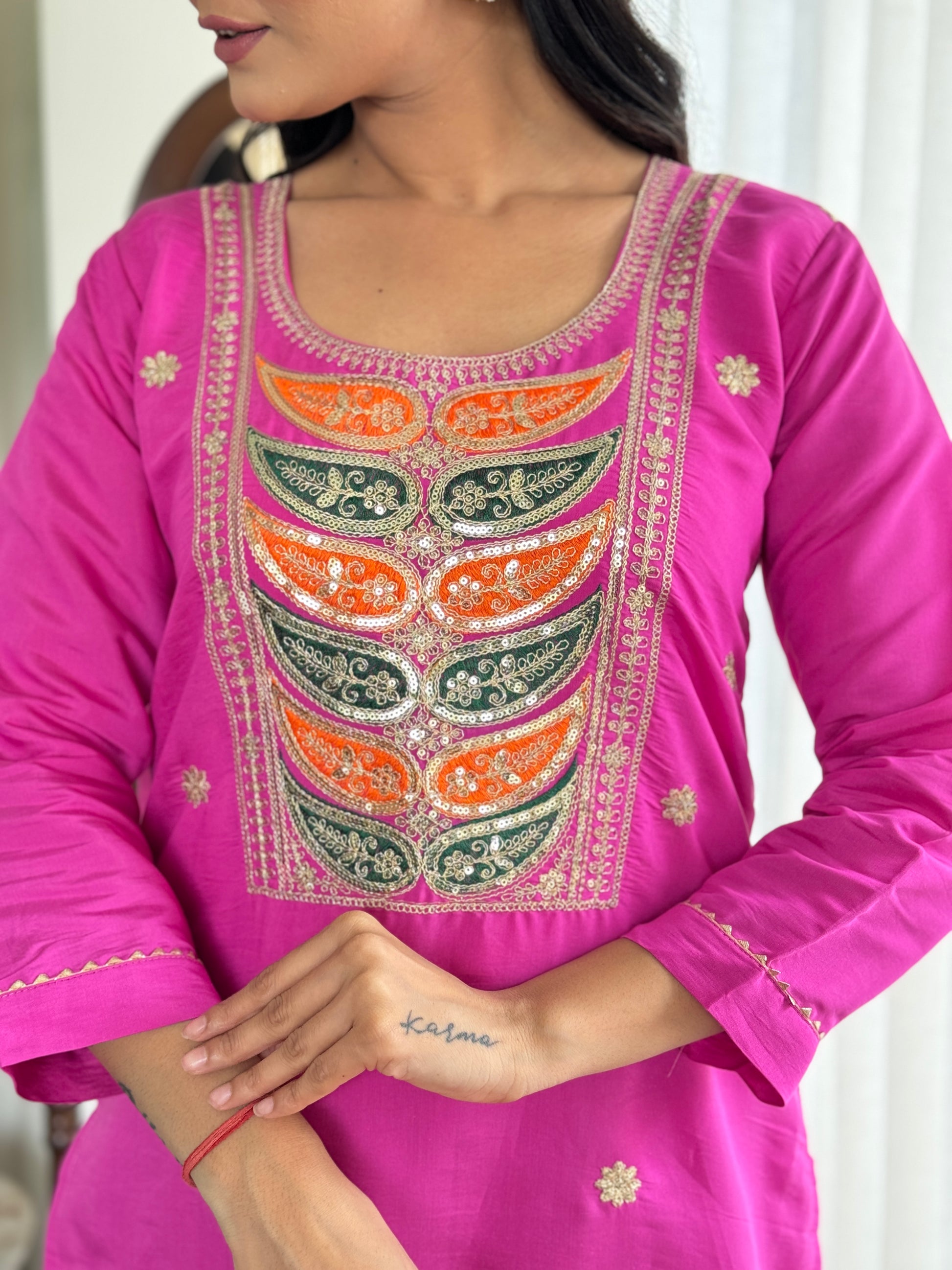 Rani Pink Viscose Chanderi Kurti Set with Tebby Dupatta