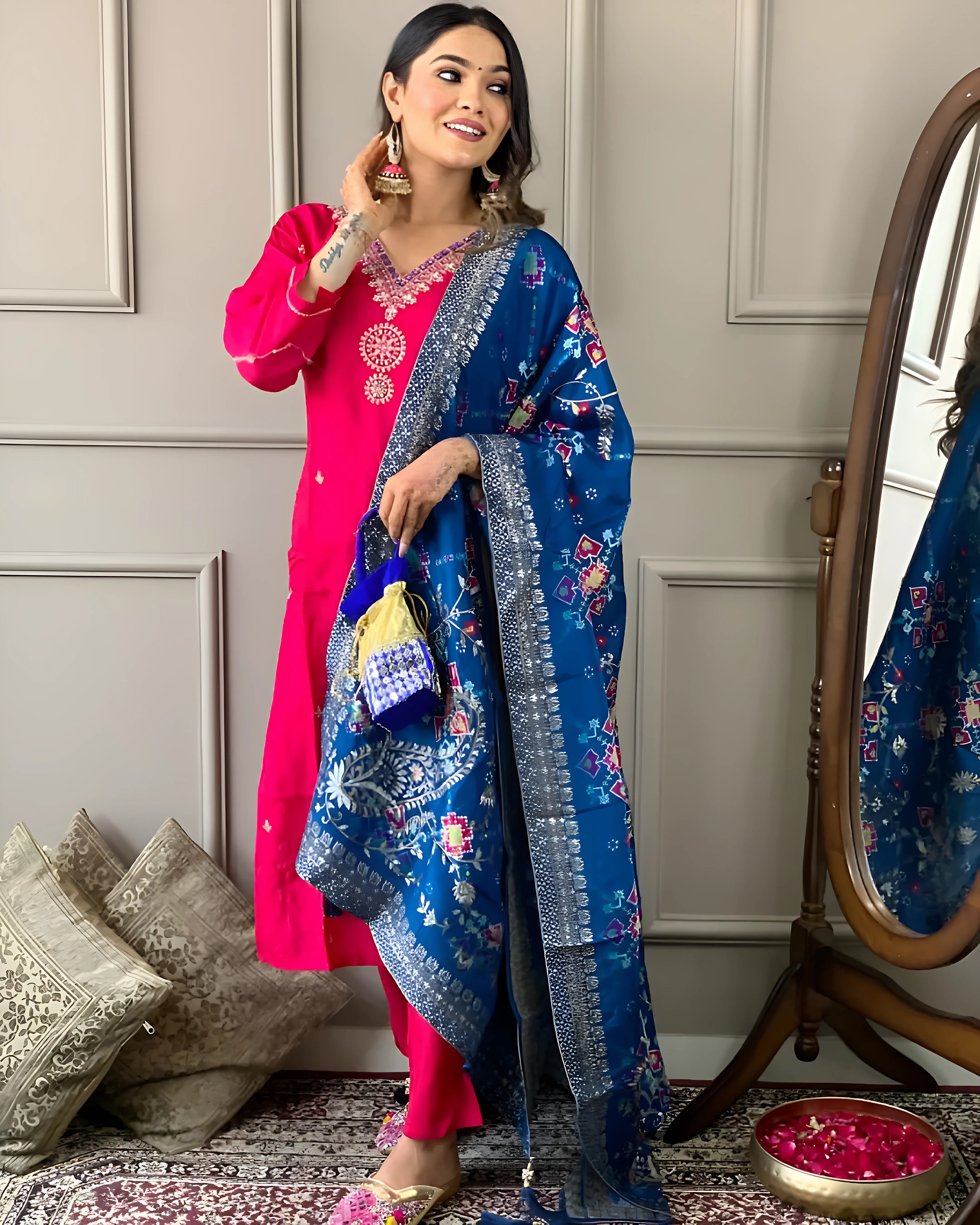 Pink Georgette Kurti Set with Viscose Jacquard Dupatta
