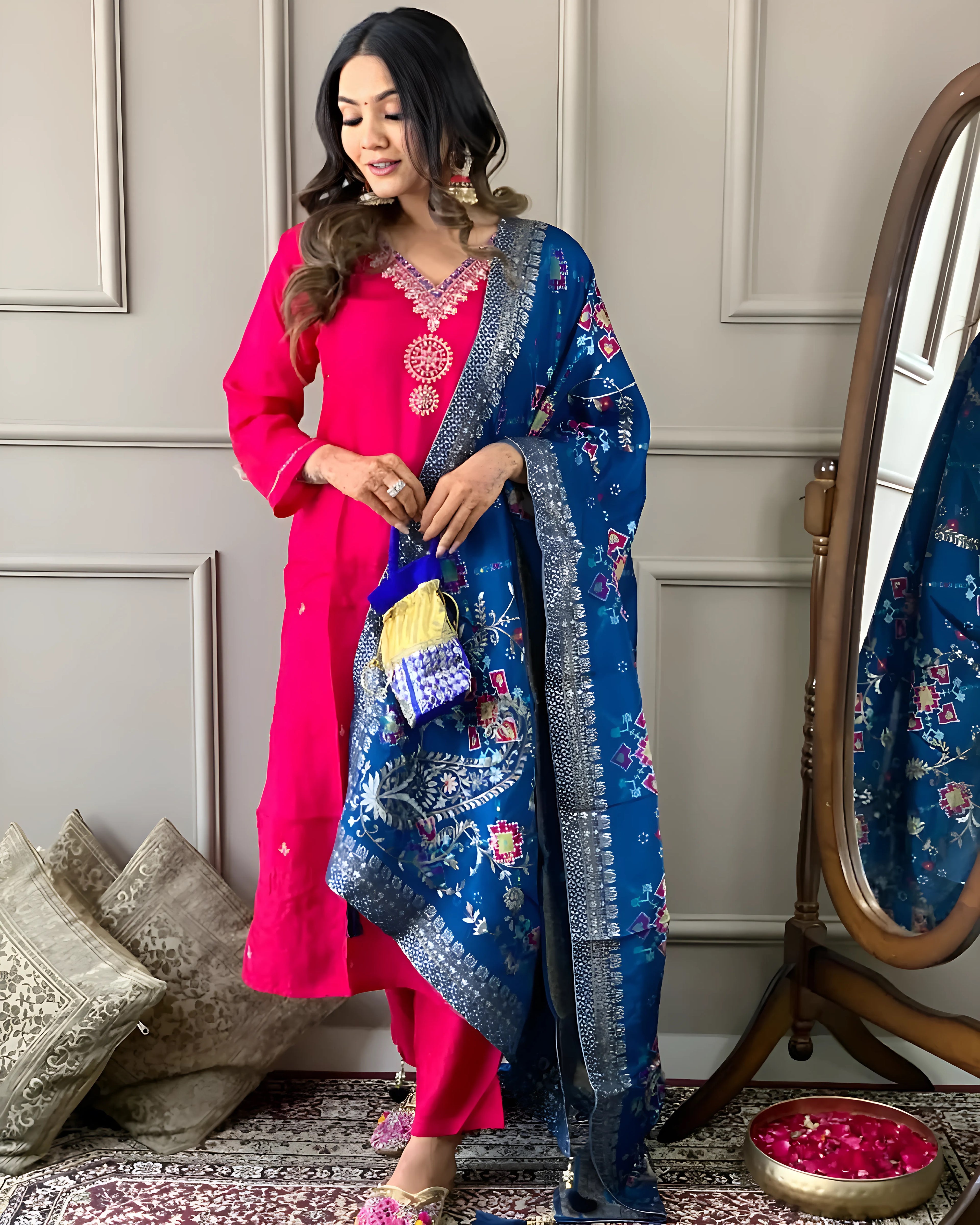 Pink Georgette Kurti Set with Viscose Jacquard Dupatta