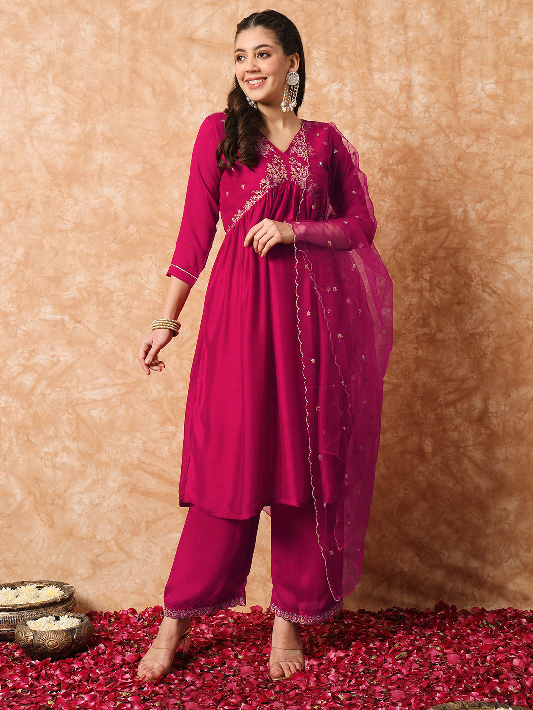Wine Vichitra Silk Kurti Set with Organza Dupatta
