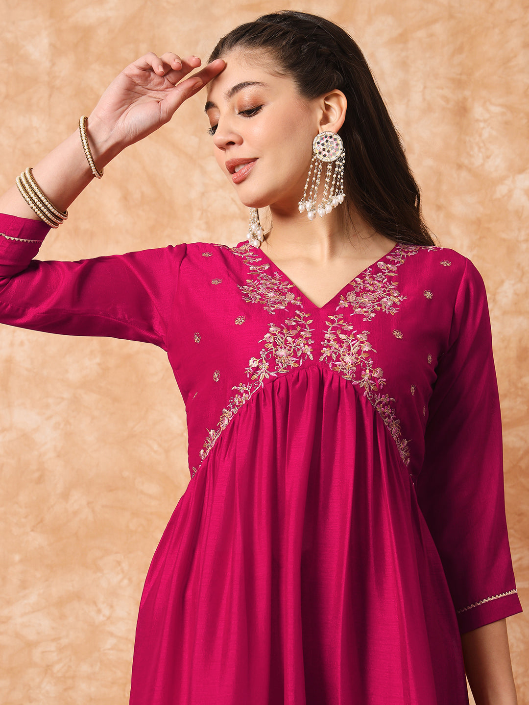 Wine Vichitra Silk Kurti Set with Organza Dupatta