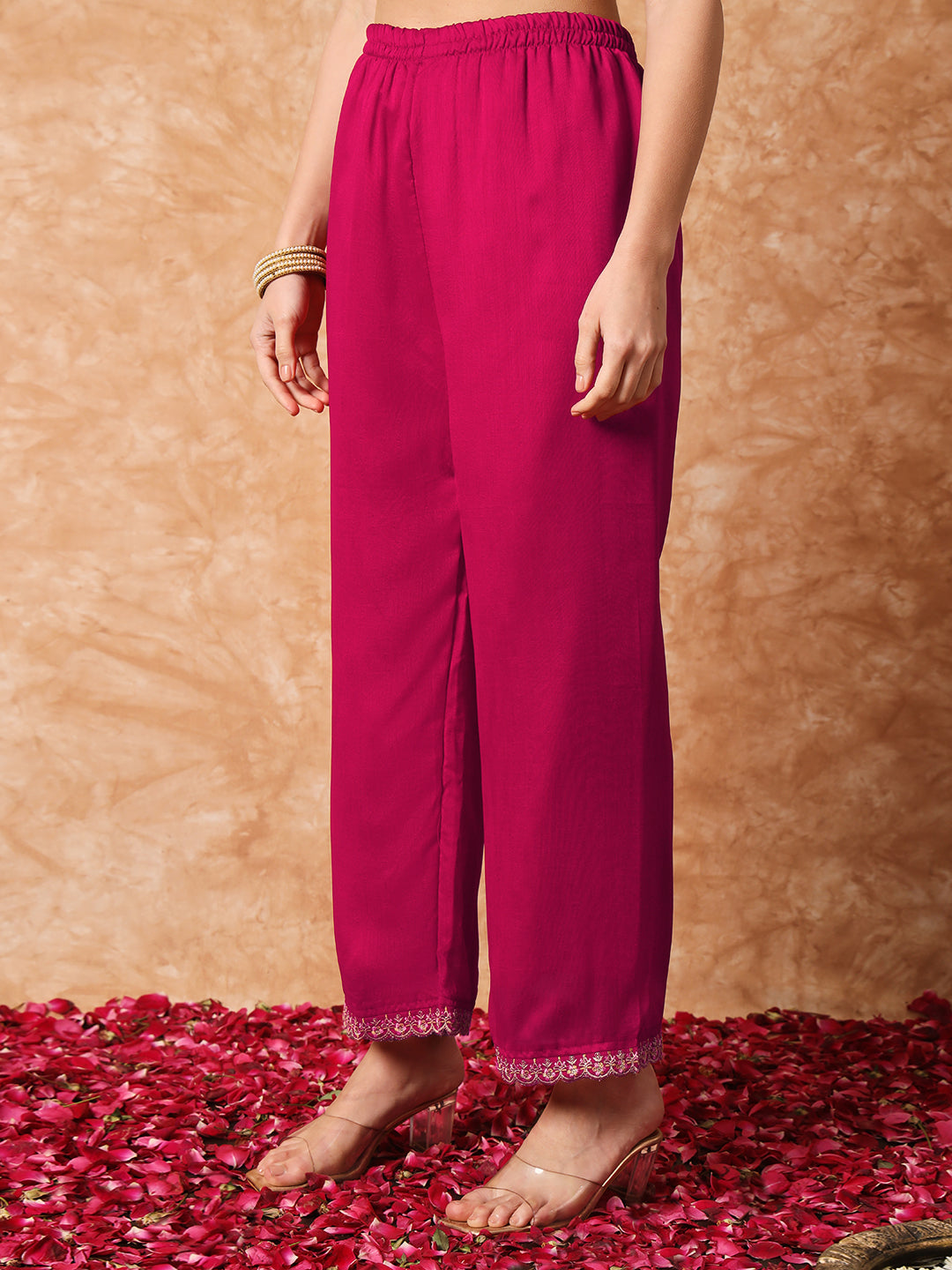 Wine Vichitra Silk Kurti Set with Organza Dupatta