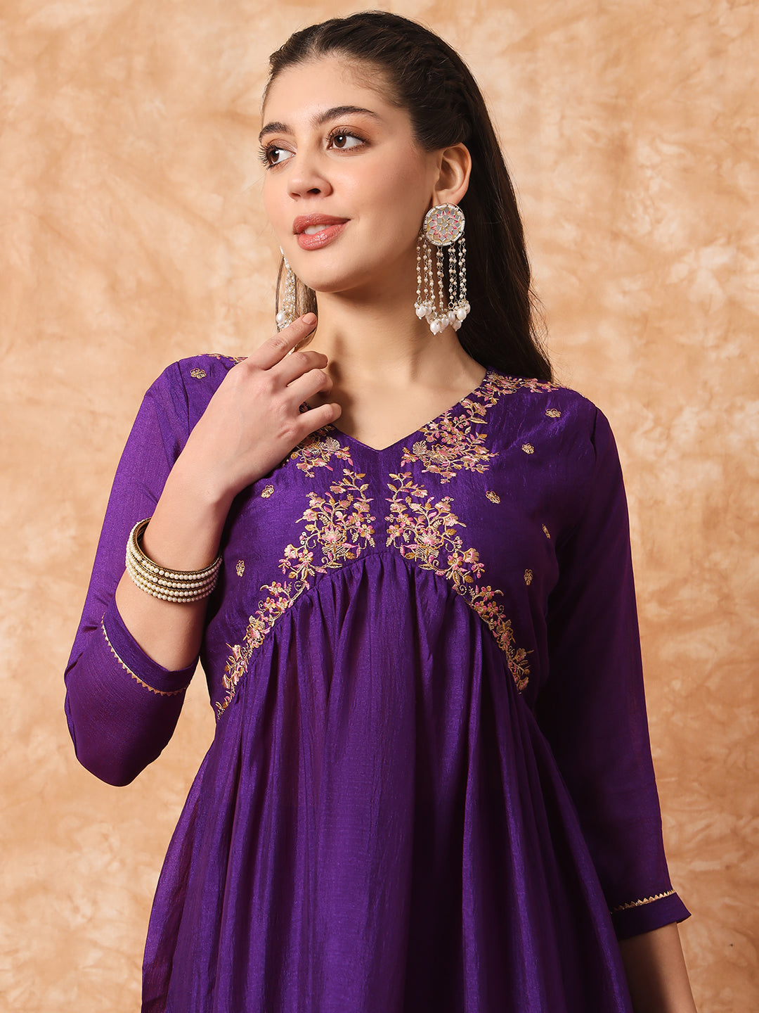 Royal Purple Vichitra Silk Kurti Set with Organza Dupatta