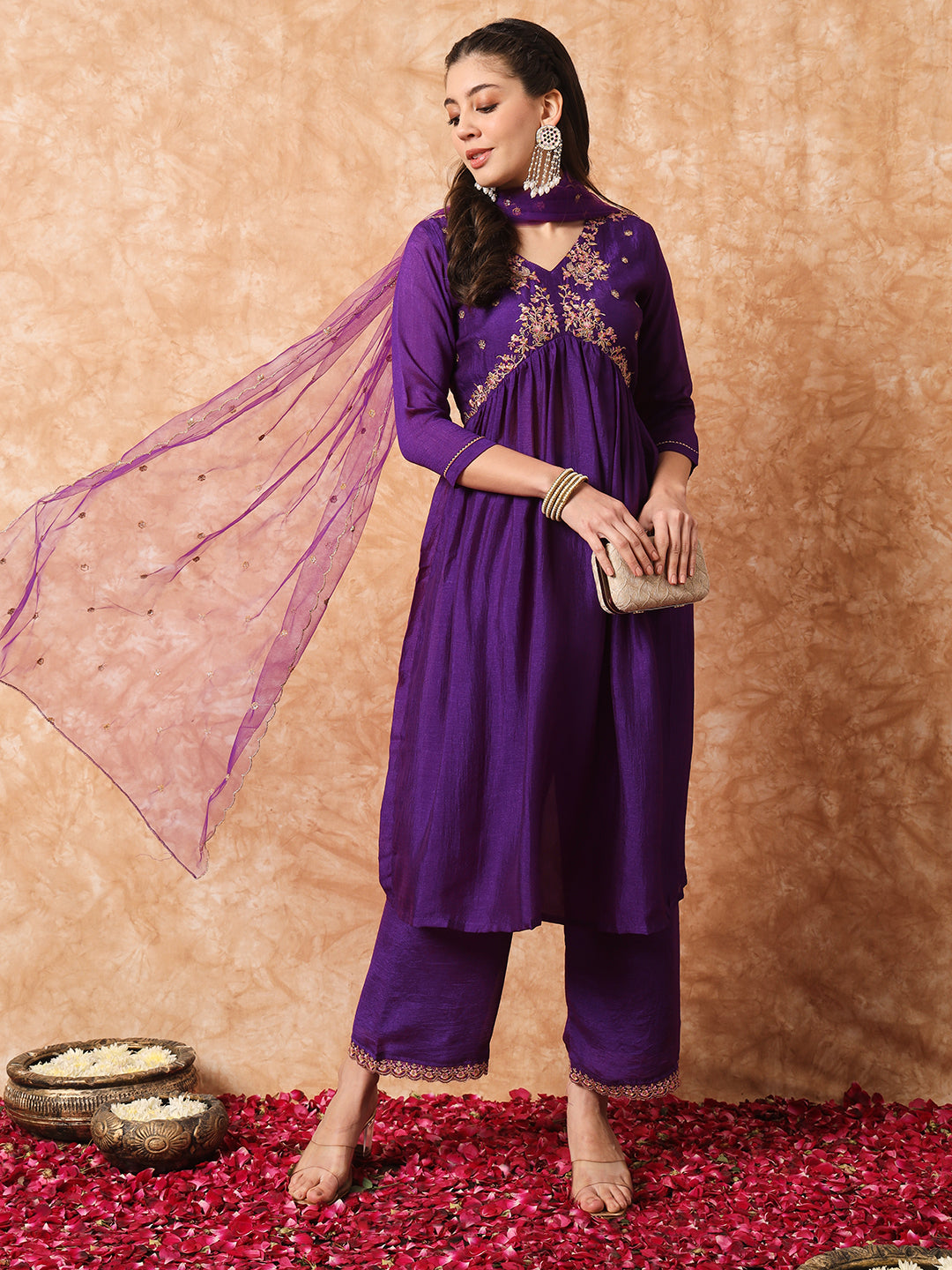 Royal Purple Vichitra Silk Kurti Set with Organza Dupatta