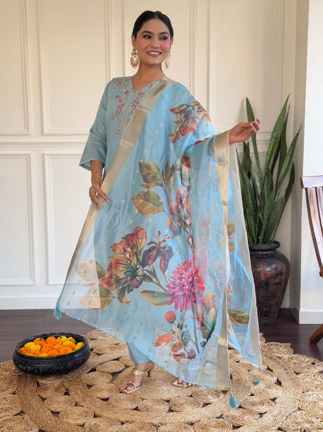 Sky Blue Viscose Chanderi Kurti Set with Jacquard Butti Dupatta