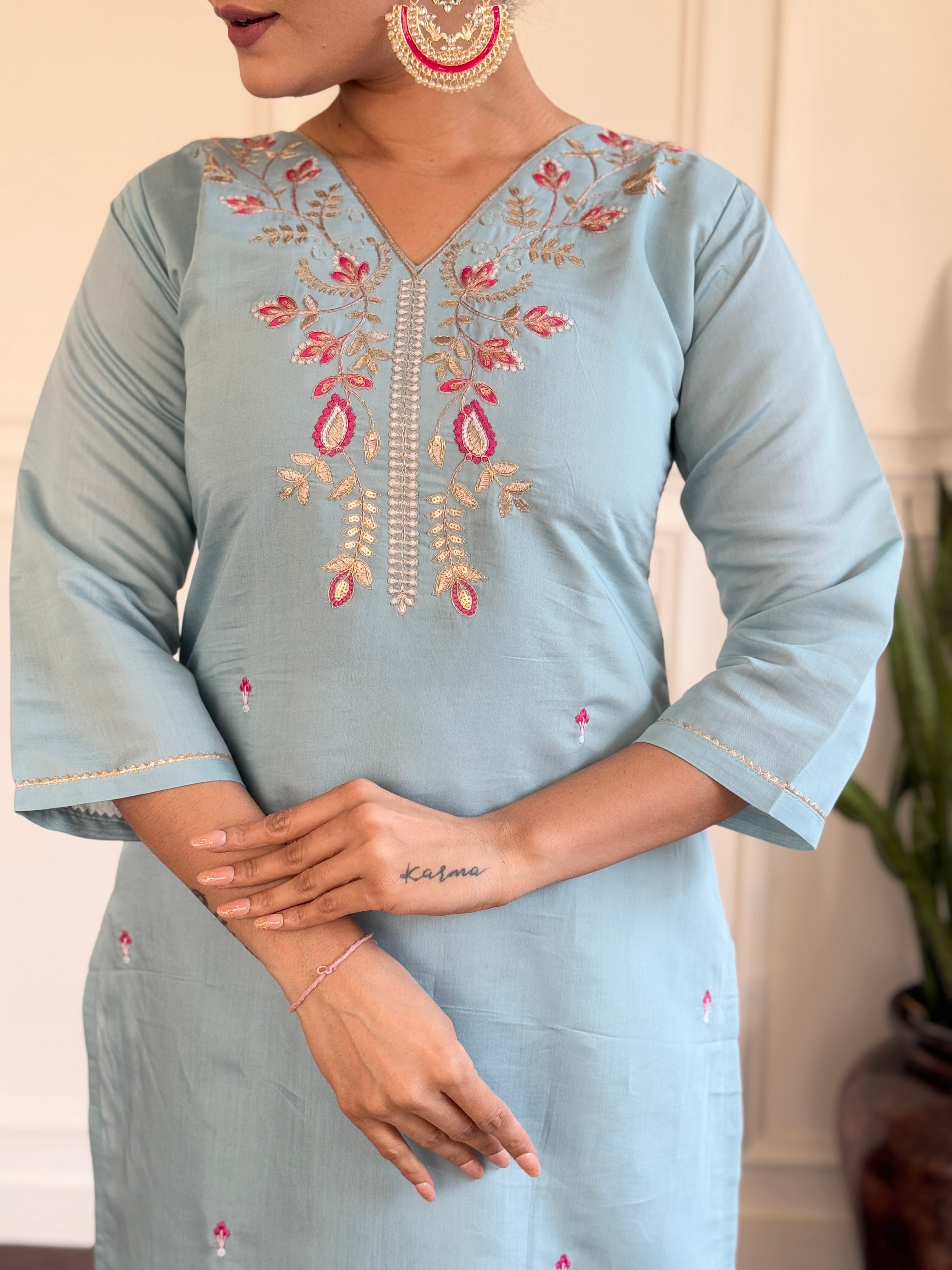 Sky Blue Viscose Chanderi Kurti Set with Jacquard Butti Dupatta