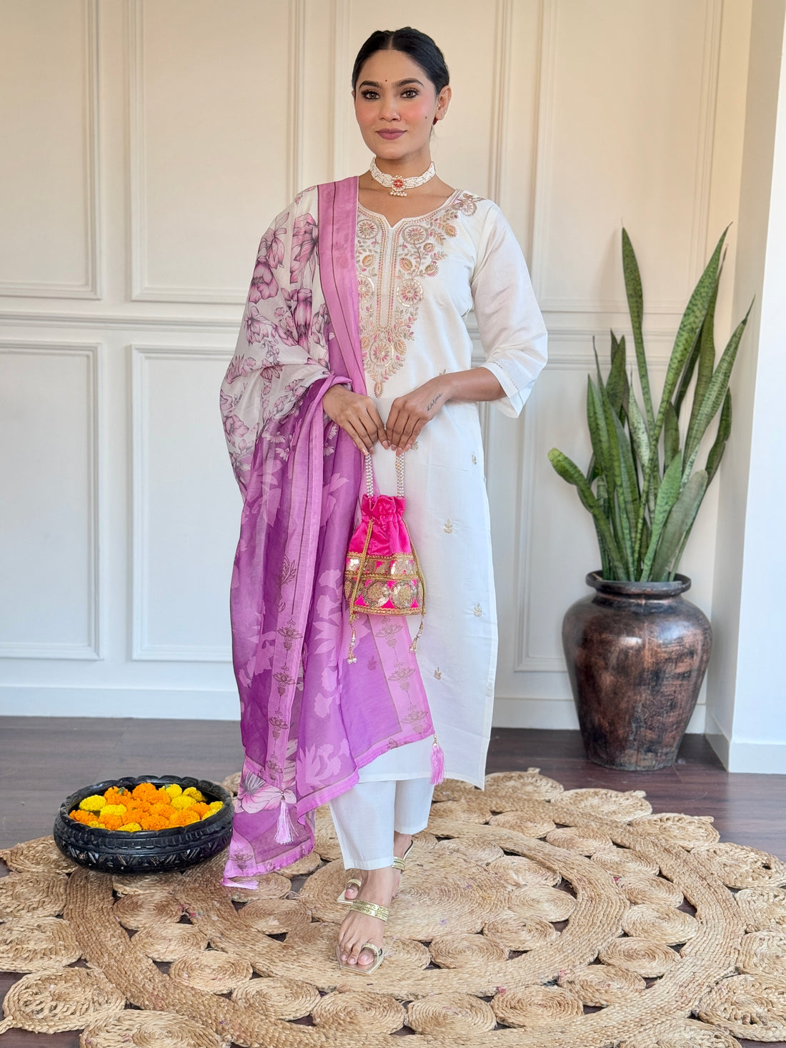 White & Pink Viscose Chanderi Kurti Set with Silk Dupatta