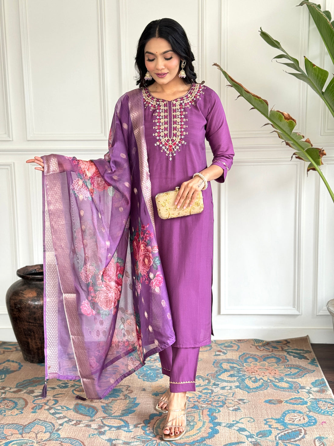 Wine Viscose Chanderi Kurti Set with Jacquard Dupatta