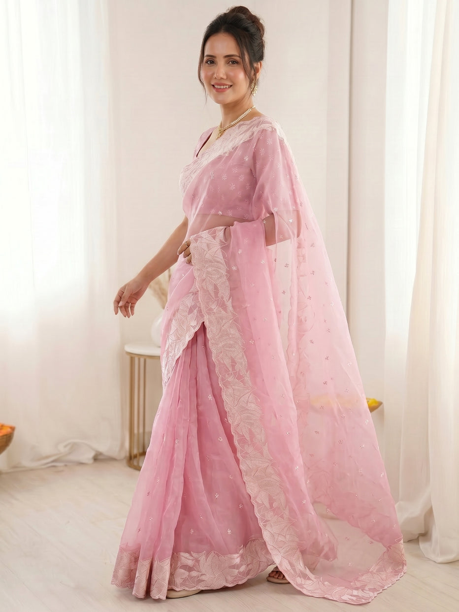 Pink Pure Organza Silk Crush Turkish Work Organza Saree