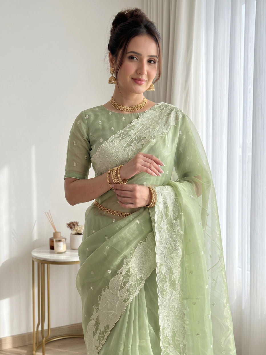 Pista Pure Organza Silk Crush Turkish Work Organza Saree