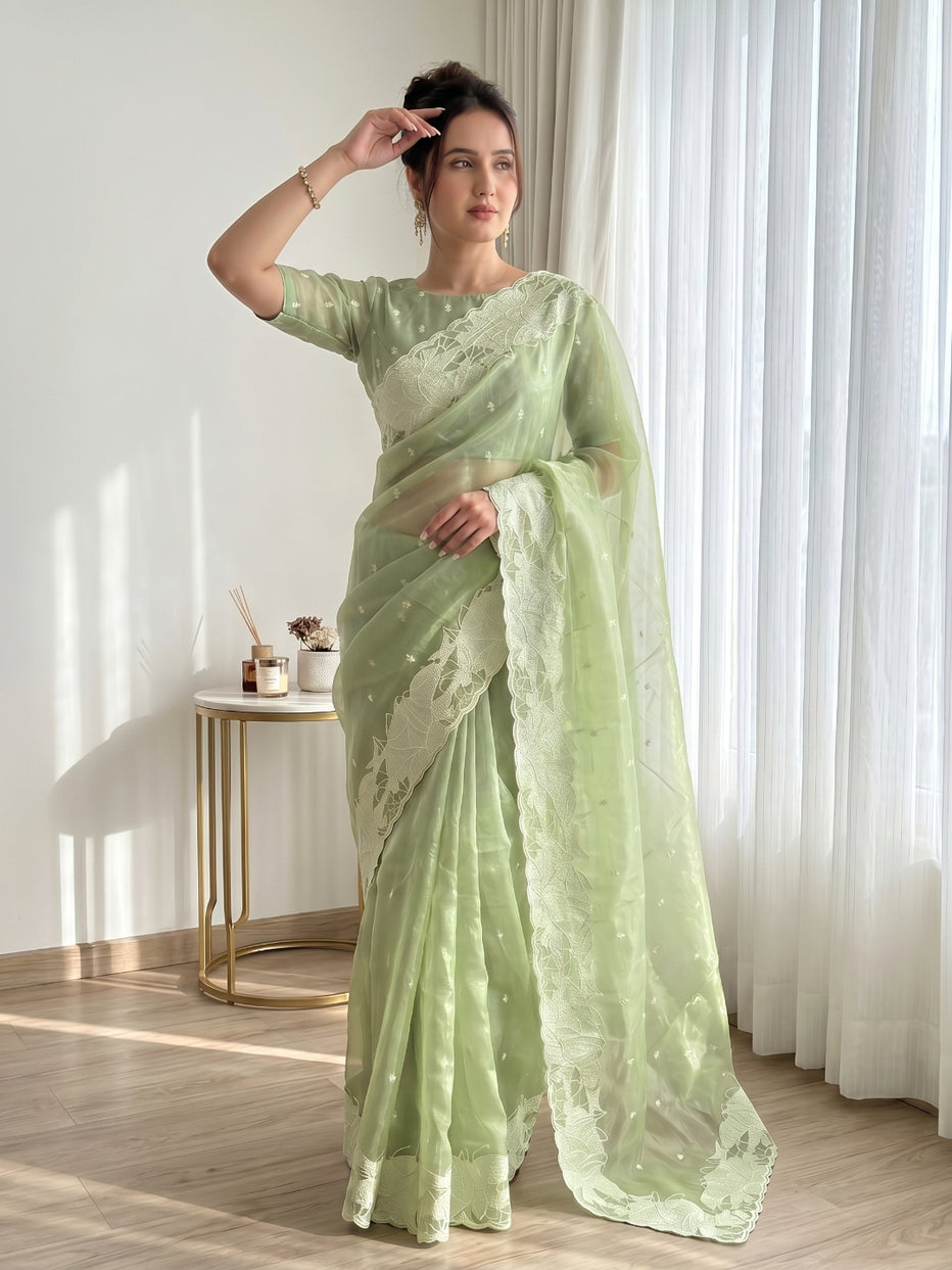 Pista Pure Organza Silk Crush Turkish Work Organza Saree