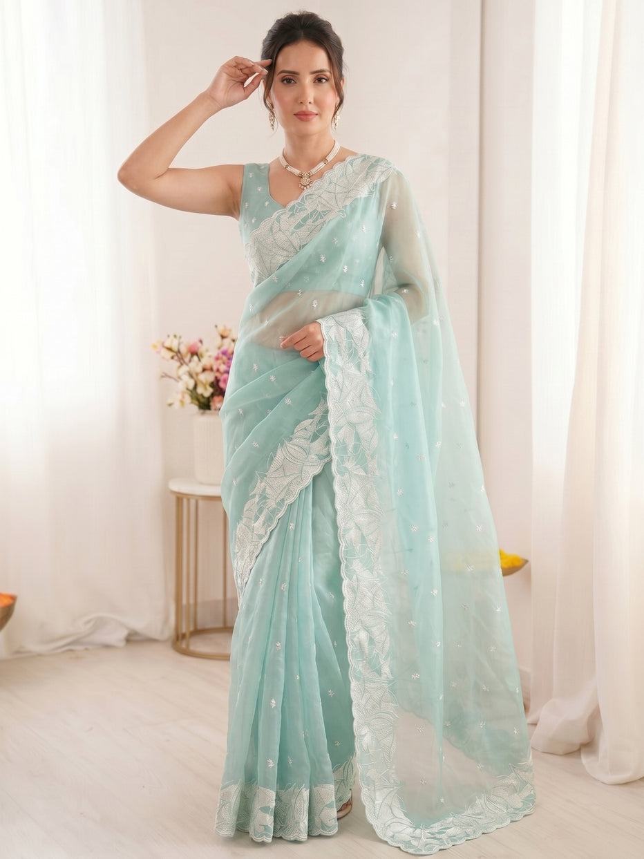 Sky Pure Organza Silk Crush Turkish Work Organza Saree
