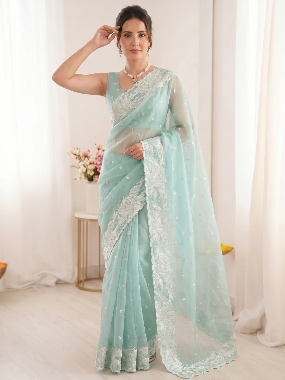 Sky Pure Organza Silk Crush Turkish Work Organza Saree
