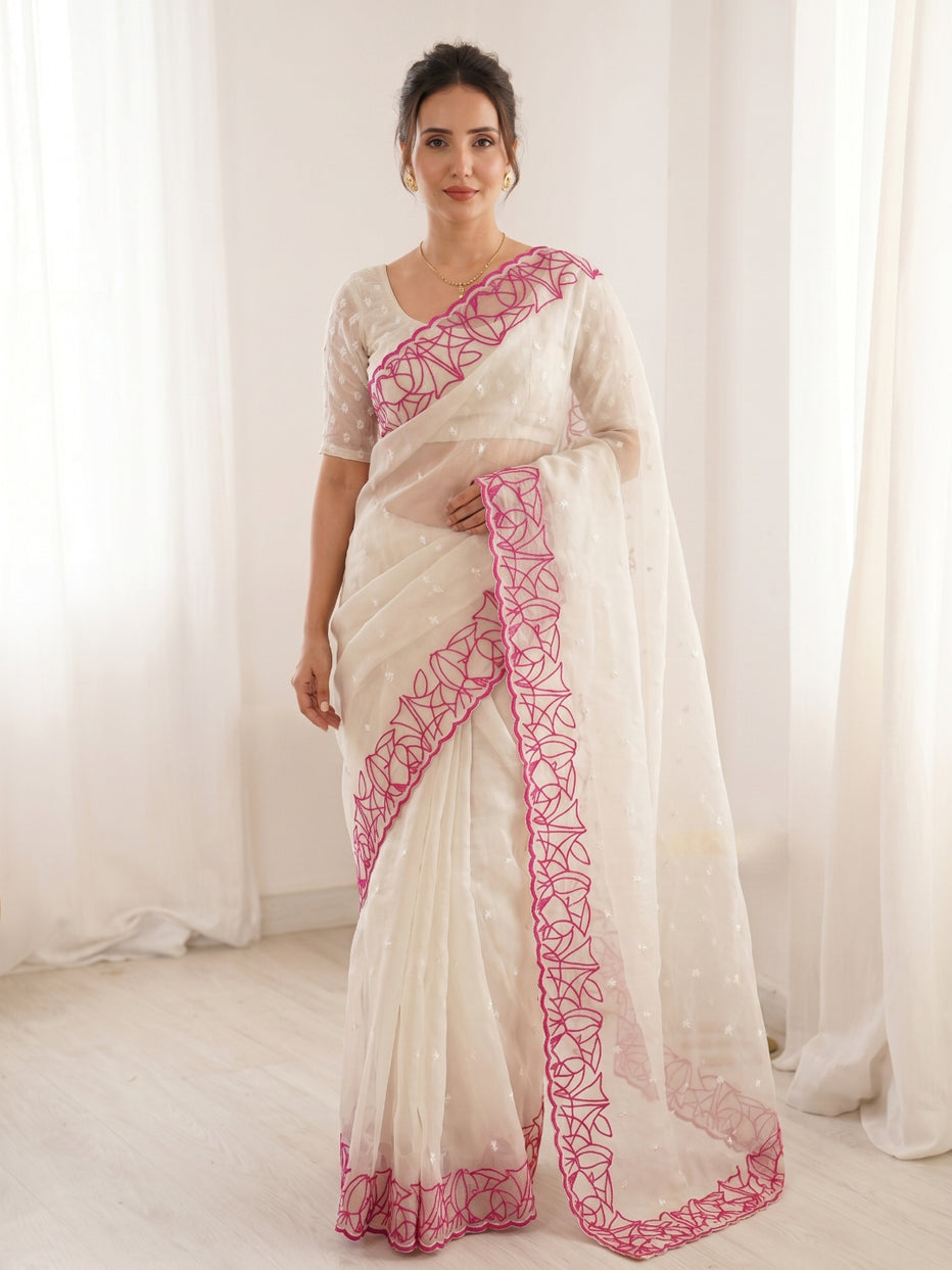 White Pure Organza Silk Crush Turkish Work Organza Saree
