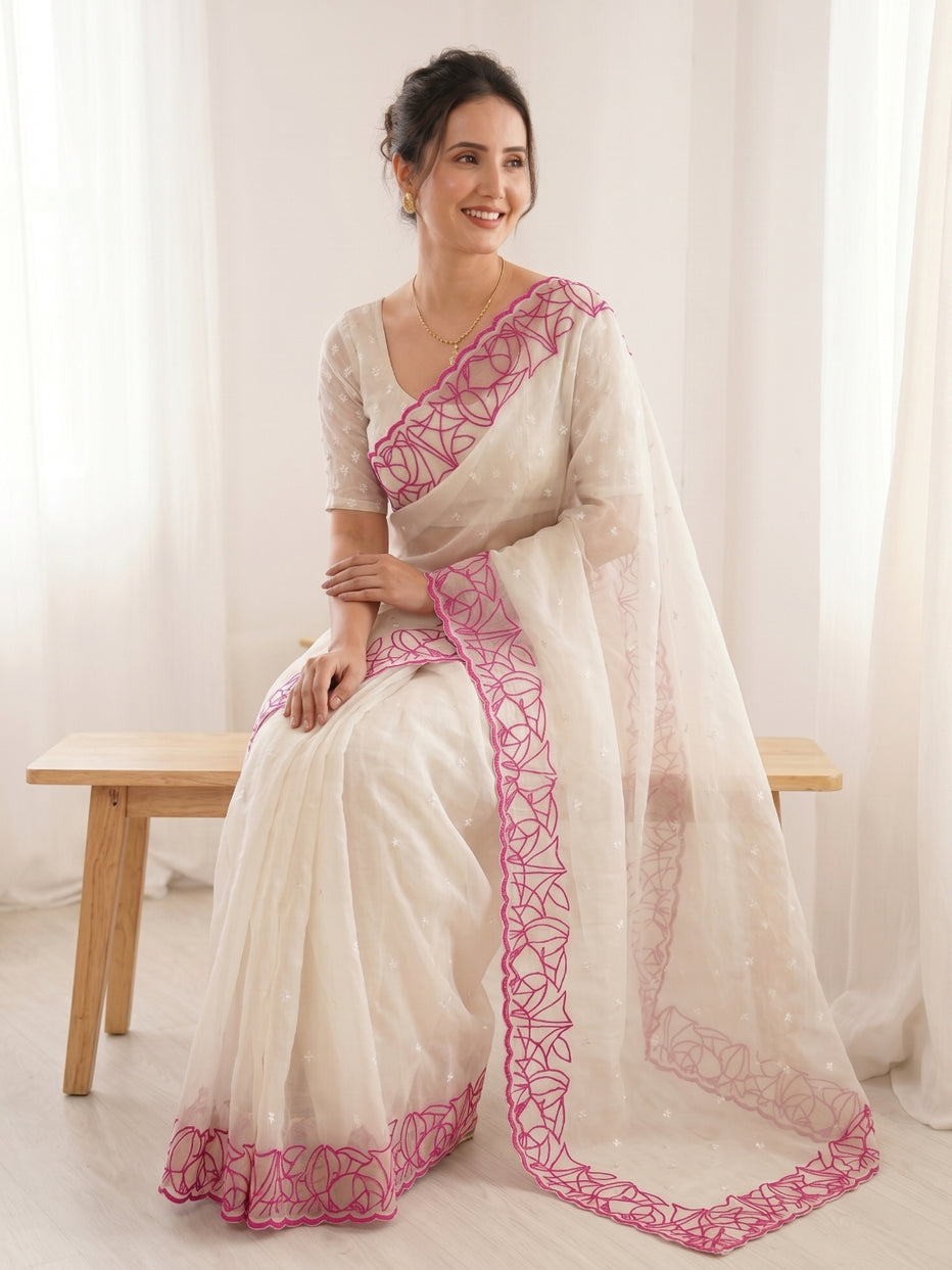 White Pure Organza Silk Crush Turkish Work Organza Saree