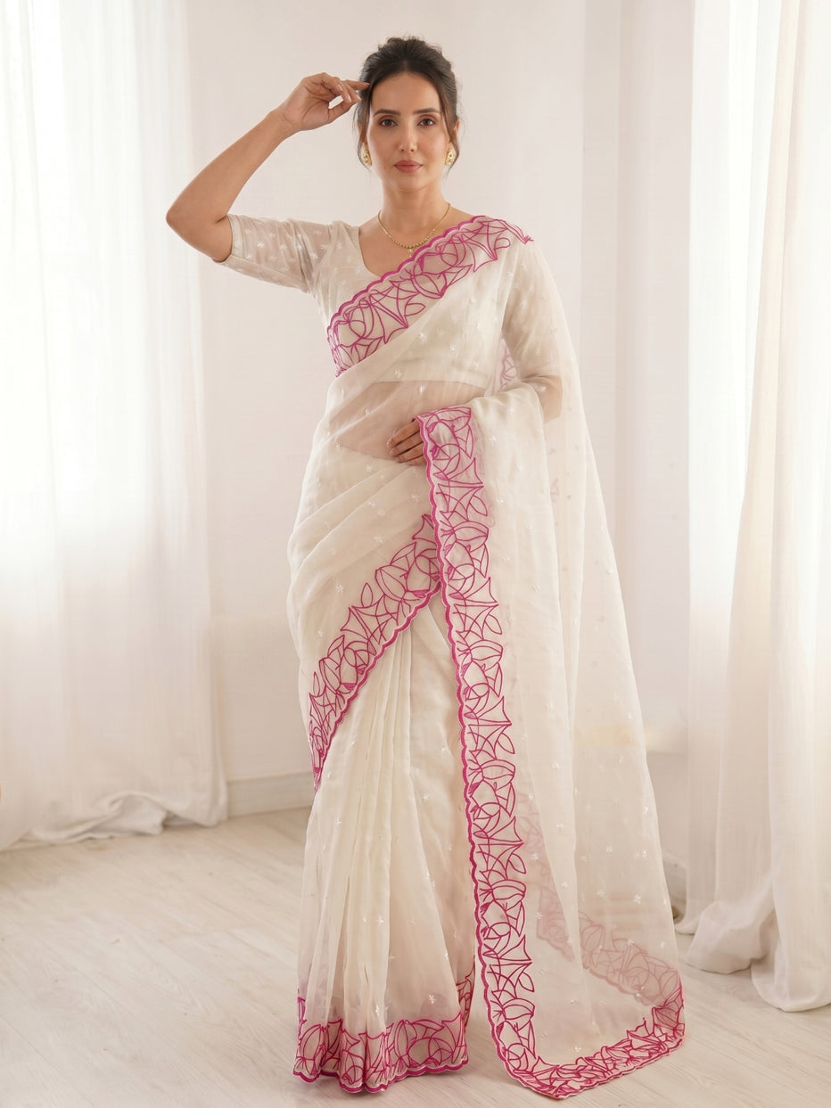 White Pure Organza Silk Crush Turkish Work Organza Saree