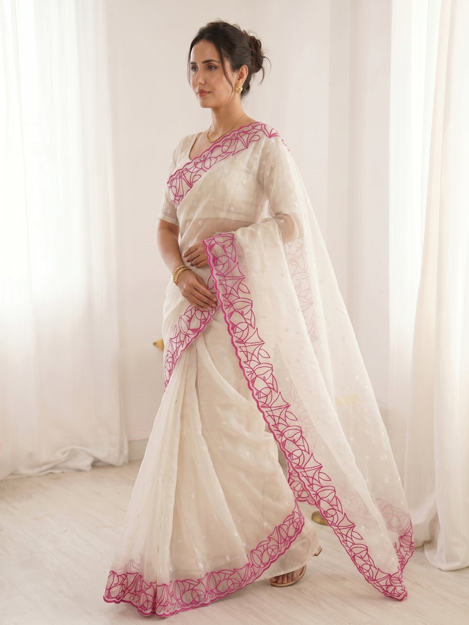 White Pure Organza Silk Crush Turkish Work Organza Saree