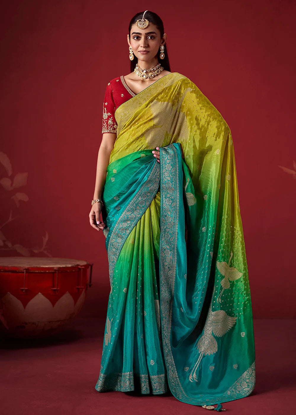 Lime Green & Teal Dola Crape Soft Silk Saree with Zari Weaving