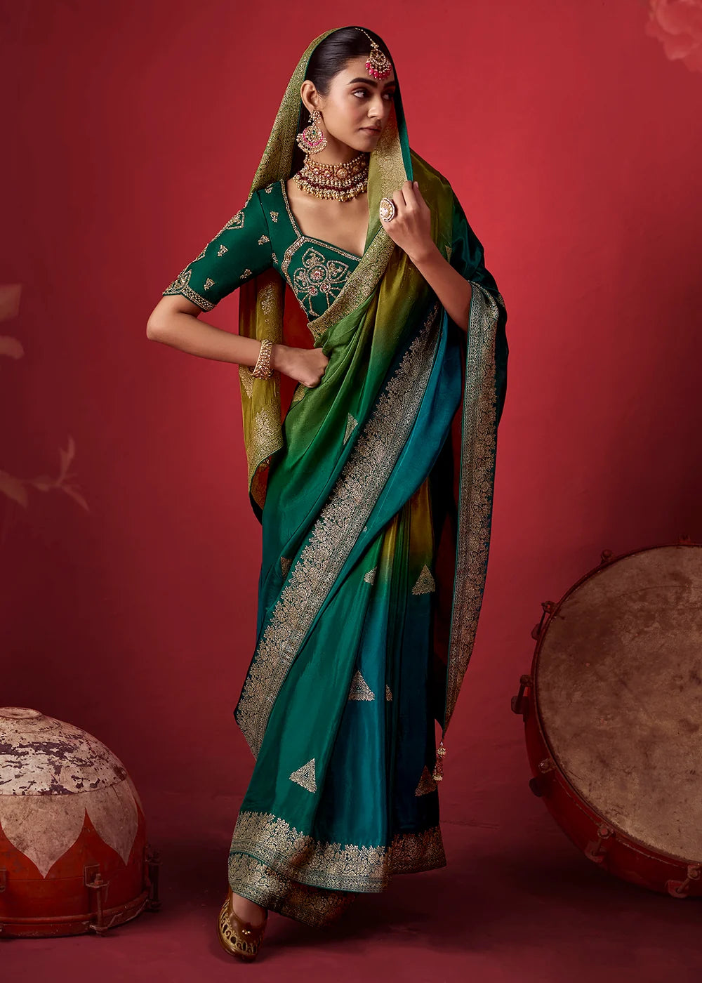 Dark Green & Teal Dola Crape Soft Silk Saree with Zari Weaving