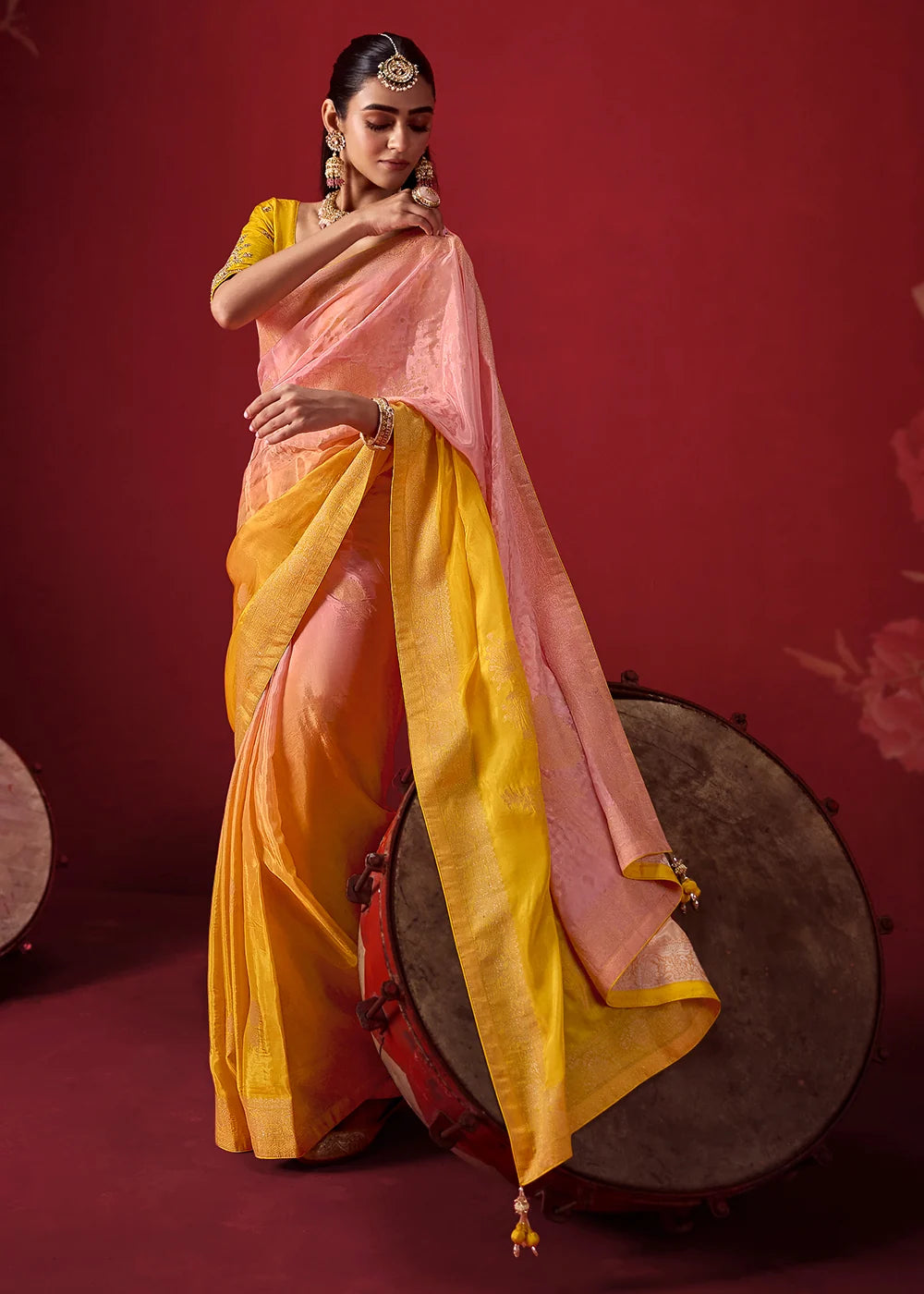 Yellow & Peach Dola Crape Soft Silk Saree with Zari Weaving