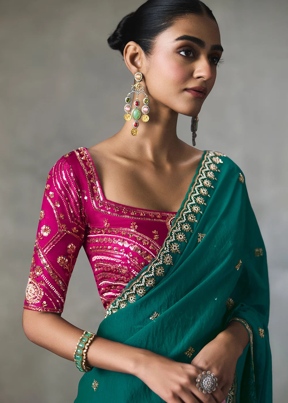 Teal Green Silk Blend Saree with Beads & Cutdana Work & Contrast Blouse