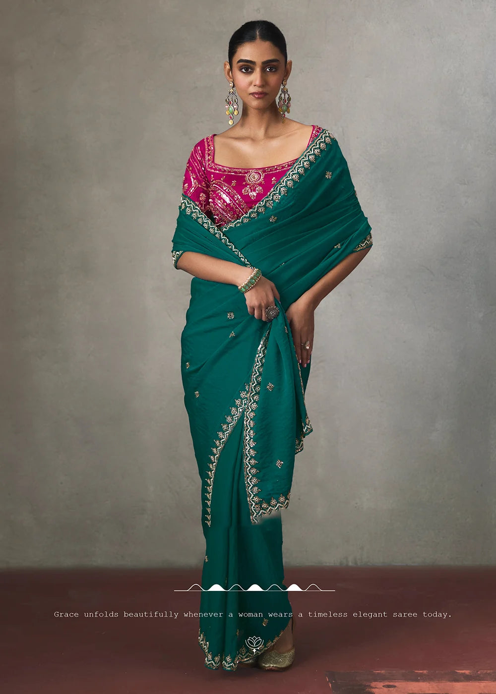 Teal Green Silk Blend Saree with Beads & Cutdana Work & Contrast Blouse