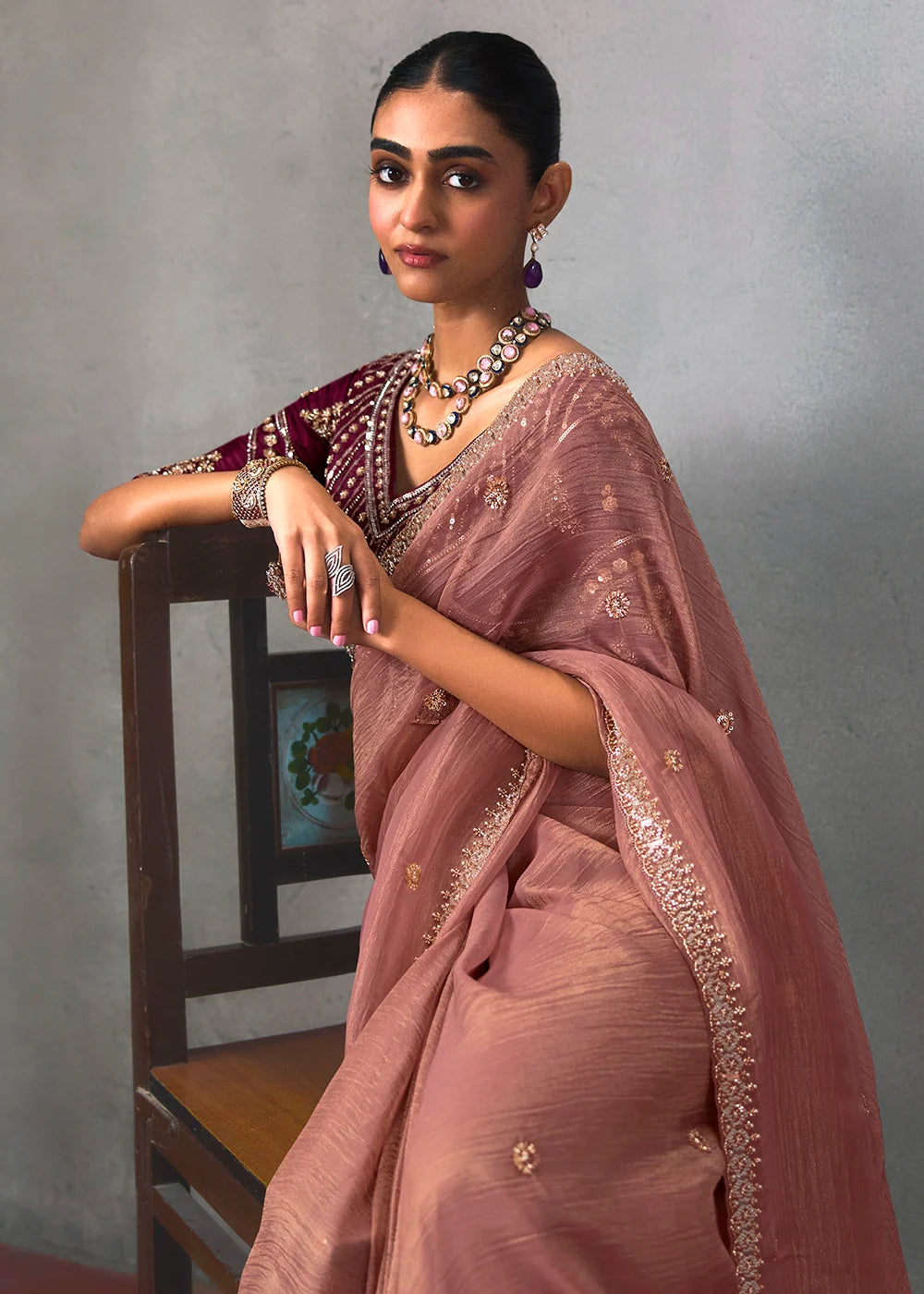 Dusty Rose Silk Blend Saree with Beads & Cutdana Work