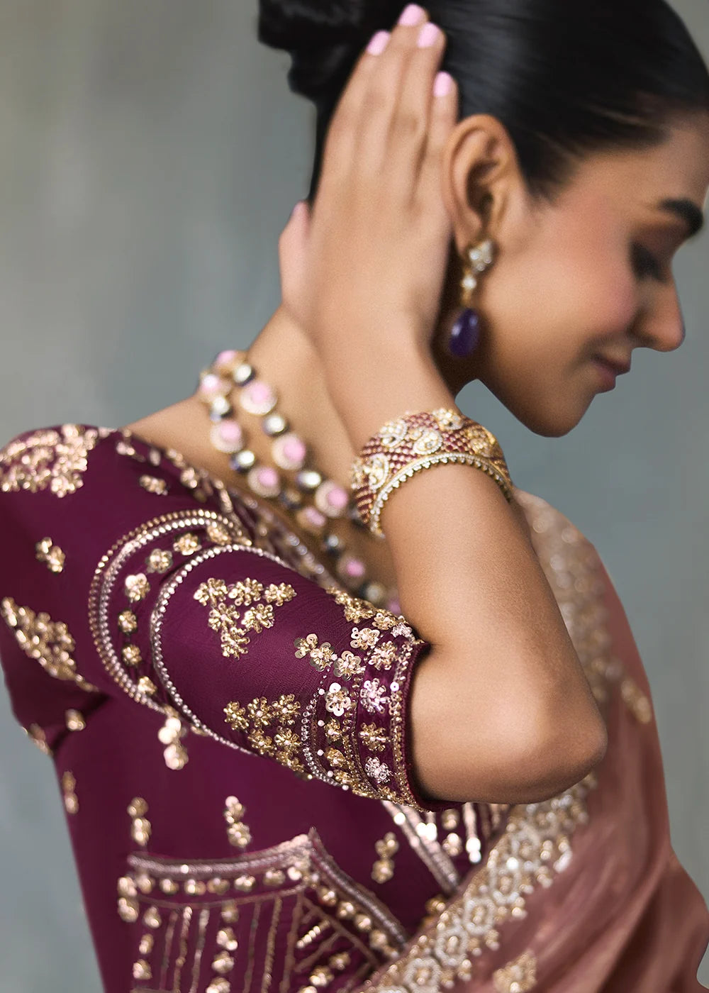 Dusty Rose Silk Blend Saree with Beads & Cutdana Work