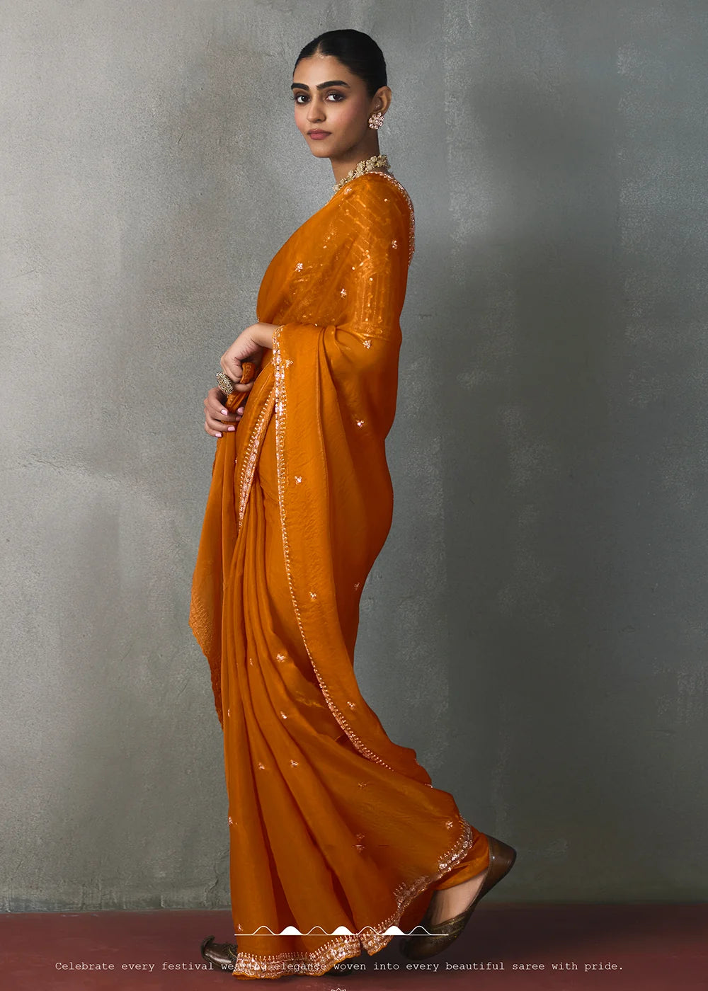 Orange Silk Blend Saree with Beads & Cutdana Work and Pink Blouse