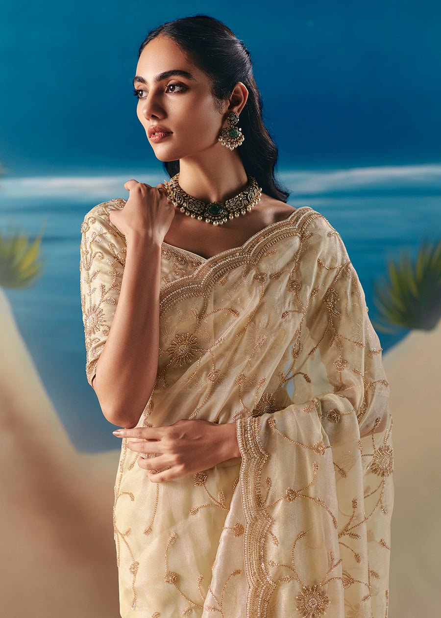 Cream Fancy Satin Organza Silk Zari Embroidered Sequins With Bridal Saree