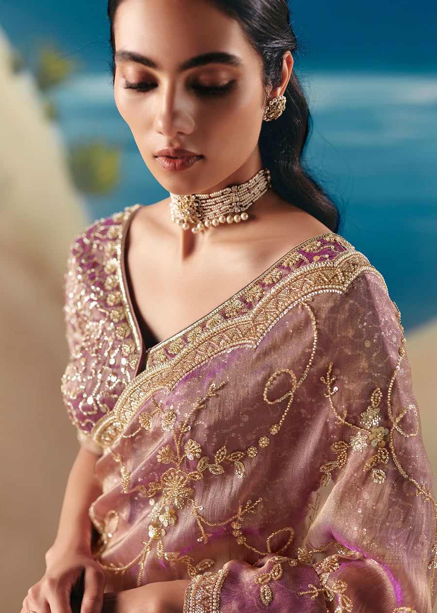 Onion Pink Fancy Organza Silk Zari Embroidered Sequins With Bridal Saree