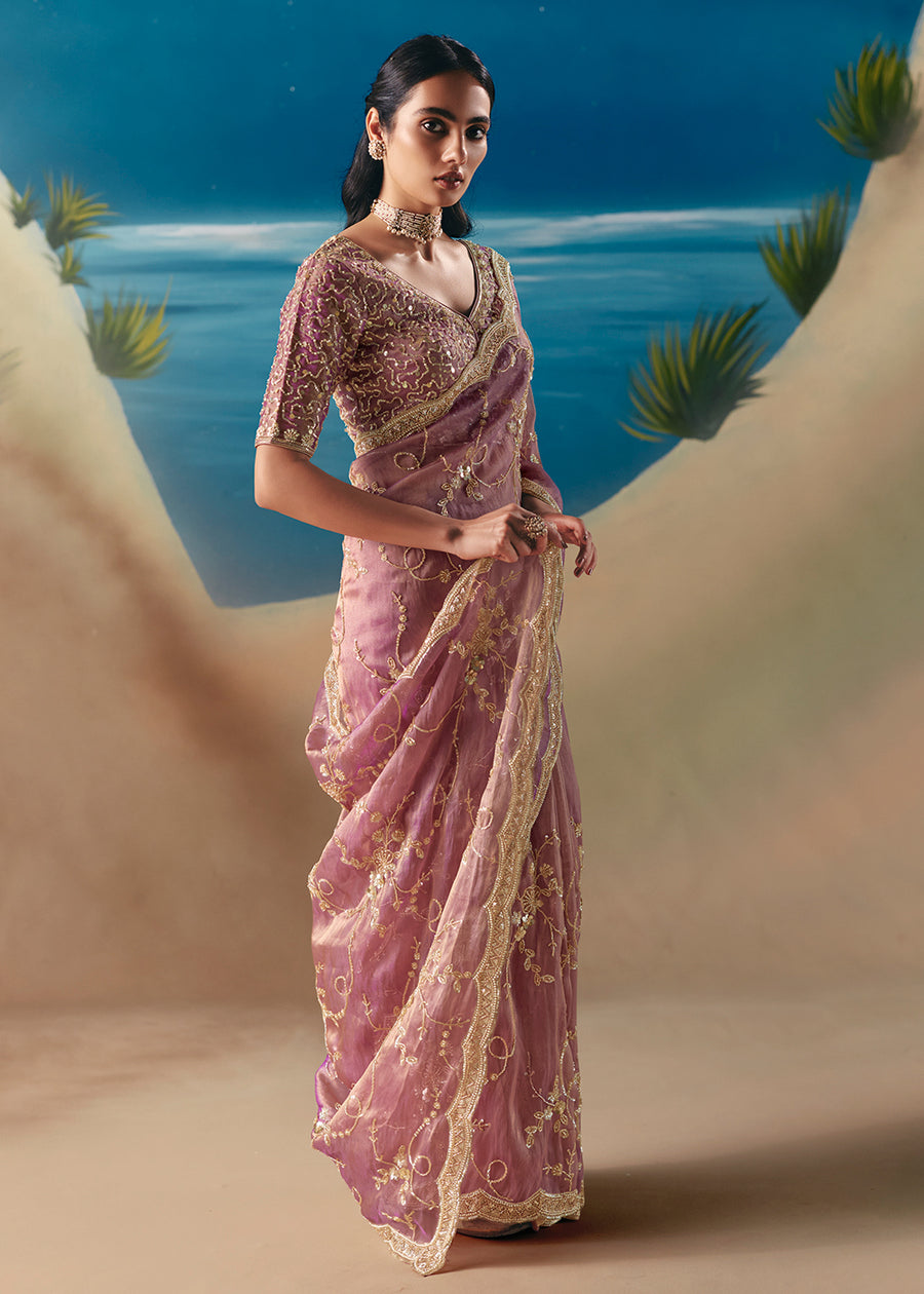 Onion Pink Fancy Organza Silk Zari Embroidered Sequins With Bridal Saree