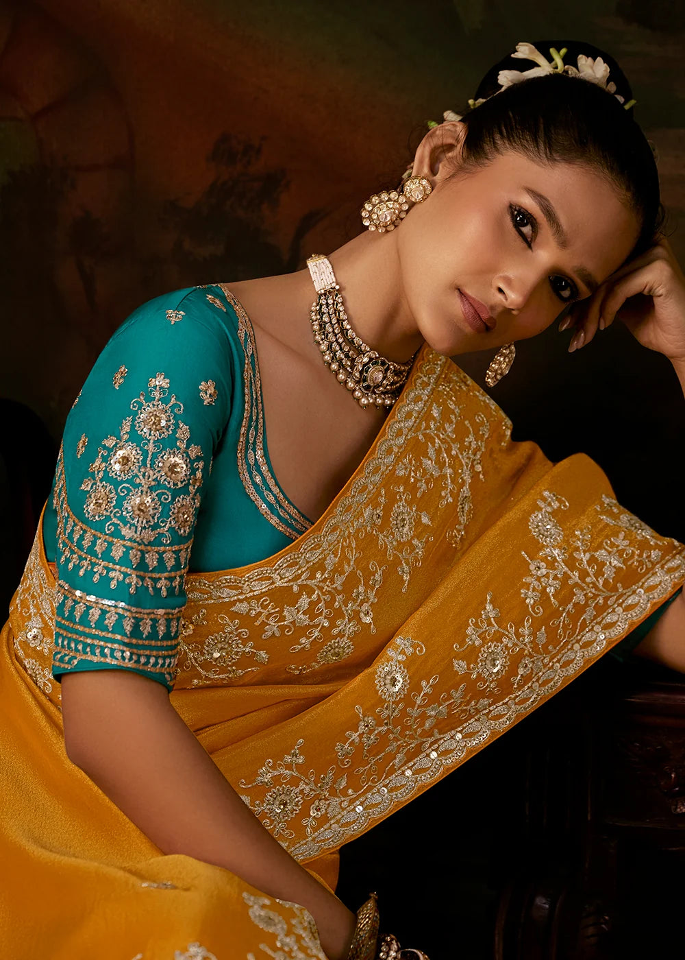 Mustard Yellow Viscose Zari Tissue Saree with Sequin Embroidery
