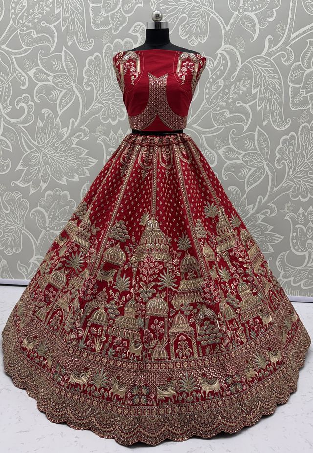 Red Pure Soft Net Heavy Embroidery Work Bridal Lehenga