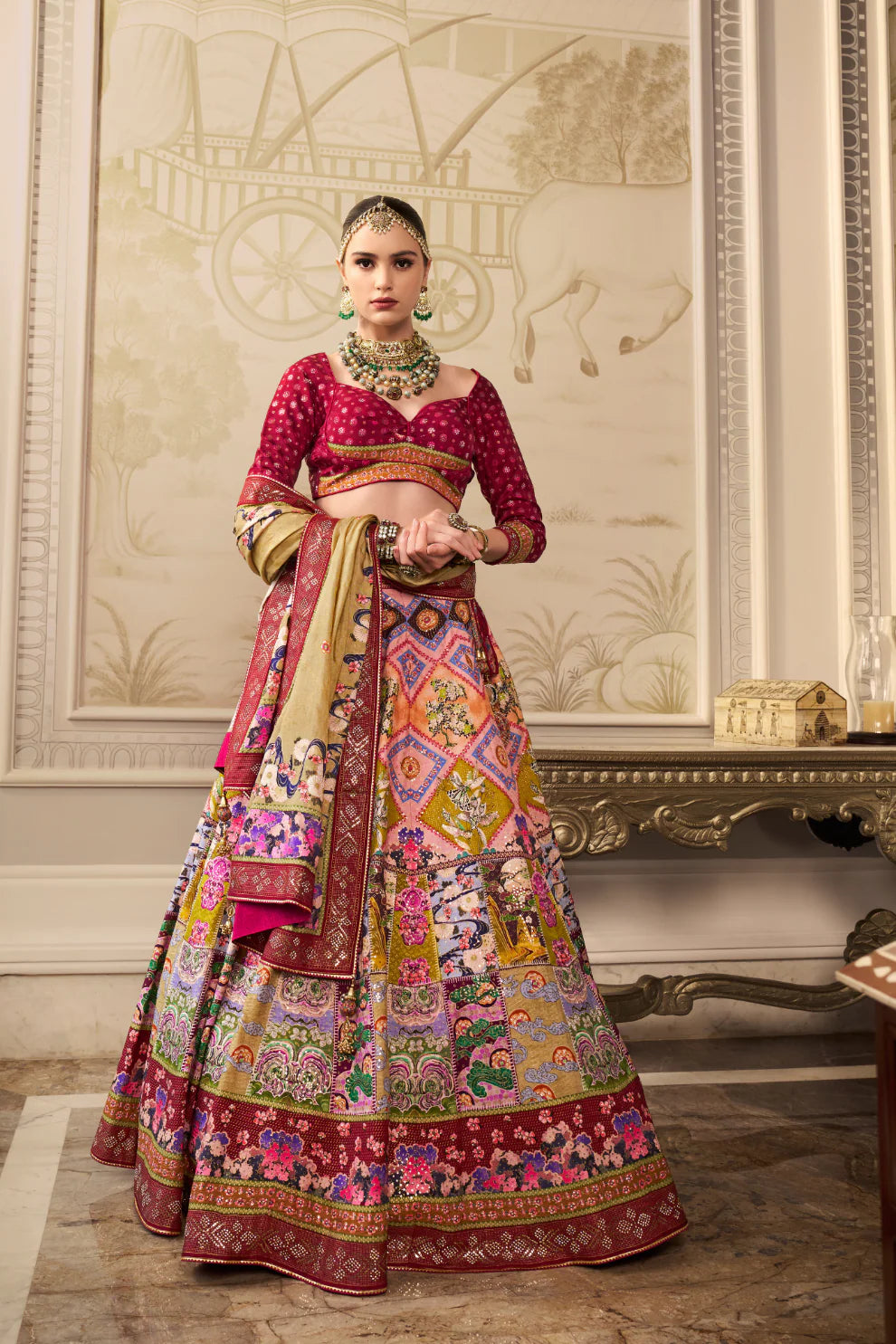 Wine Purple & Ivory Banarasi Silk Lehenga Choli with Traditional Motifs