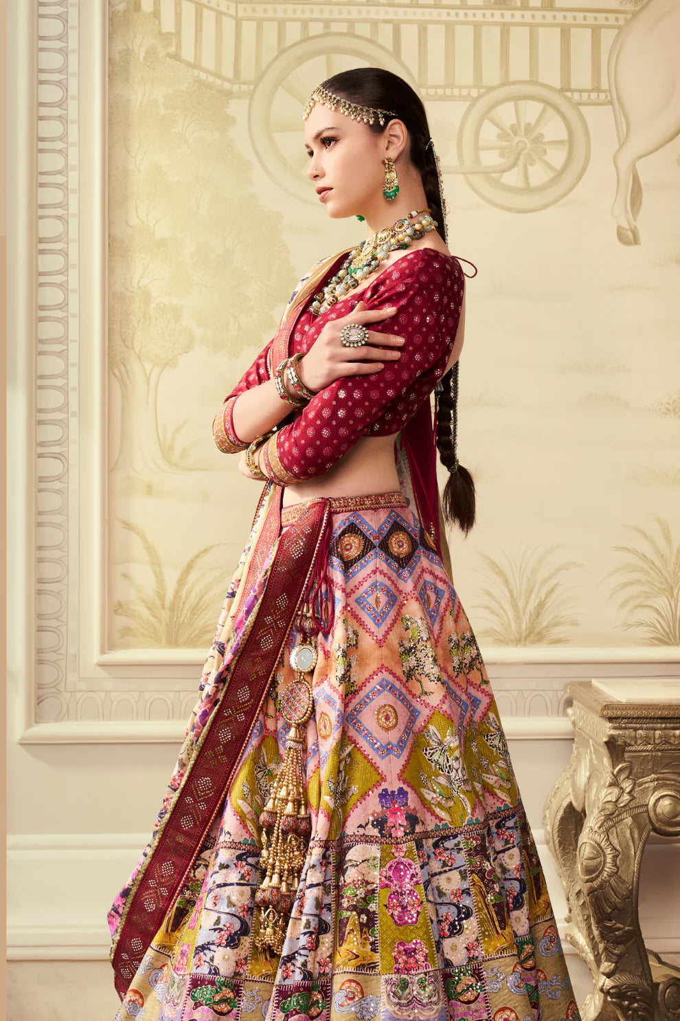 Wine Purple & Ivory Banarasi Silk Lehenga Choli with Traditional Motifs