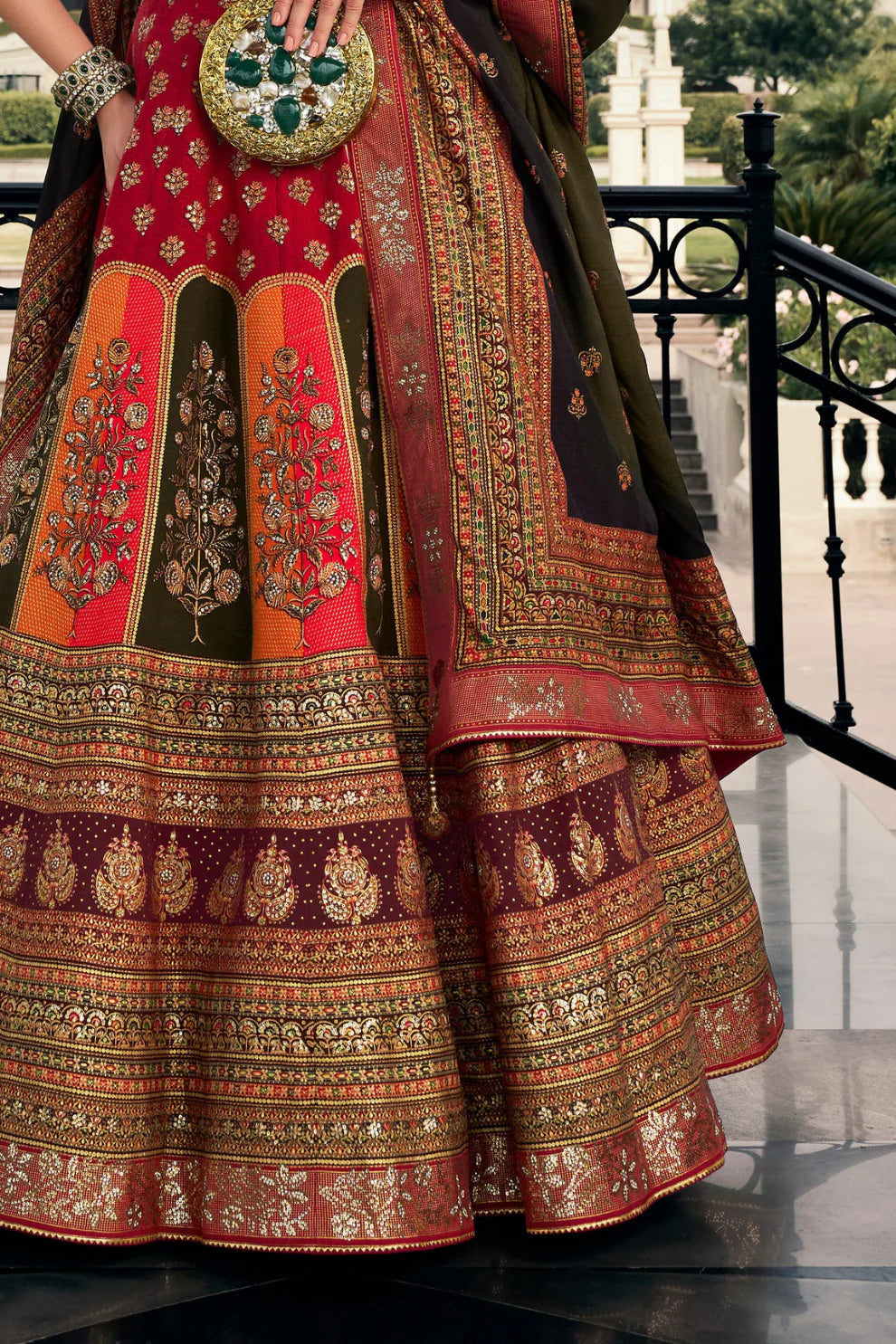 Red & Antique Gold Traditional Banarasi Silk Lehenga