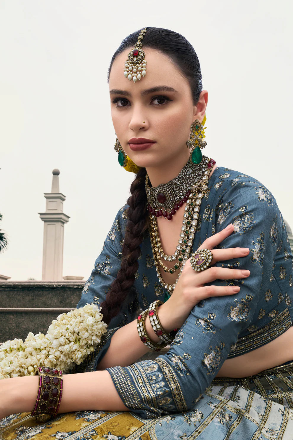 Steel Grey & Mustard Banarasi Silk Lehenga Choli
