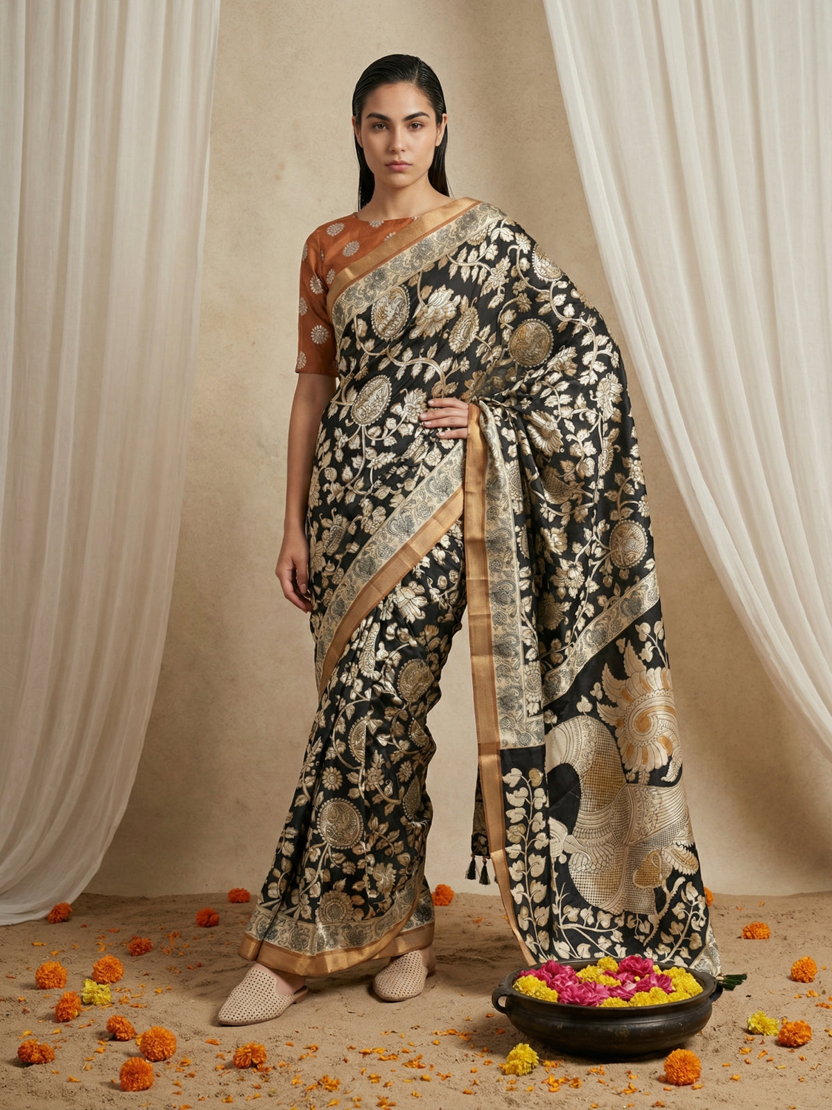 Black Leelawati Pure Tussar Silk Kalamkari Printed Saree