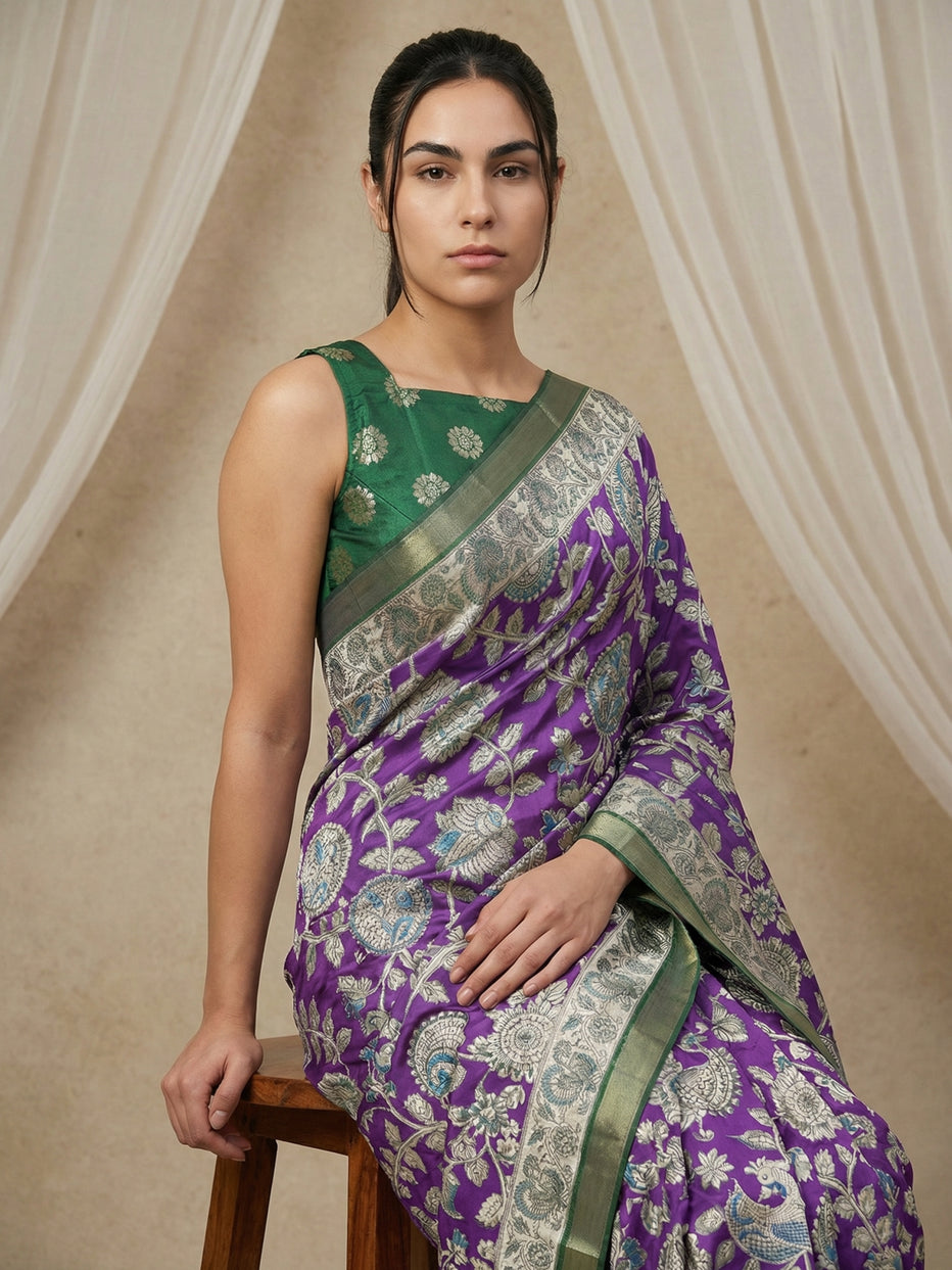 Purple Leelawati Pure Tussar Silk Kalamkari Printed Saree
